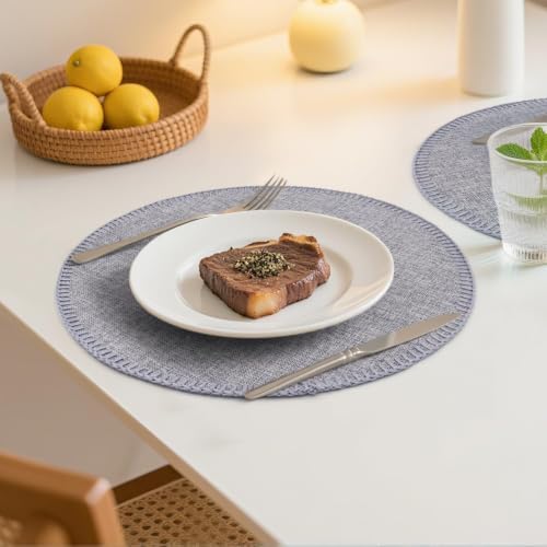 15" Round Placemats Set of 6, Faux Linen Cloth Place Mats, Grey