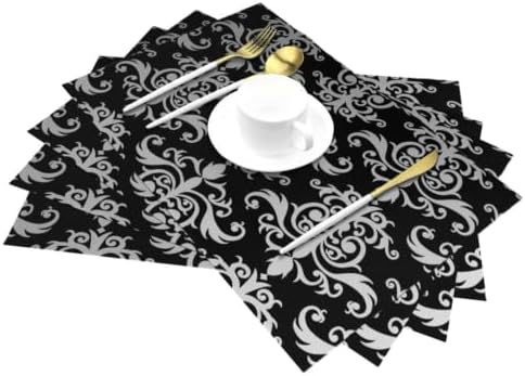 Black and Gray Damask Placemats 6 PCS Heat Resistant Washable Woven