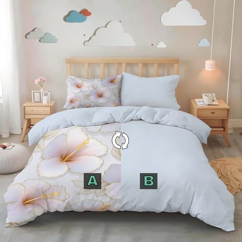Simple Watercolor Hibiscus Flower Duvet Cover King 3Pcs, Breathable