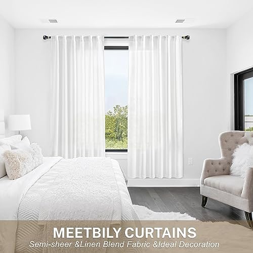 White Linen Curtains 63 Inch Length for Living Room 2 Panels Back Tab