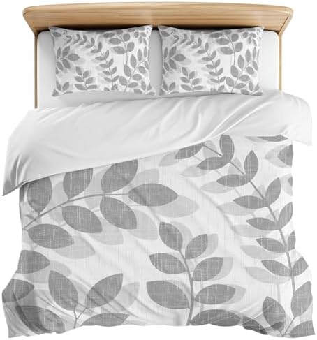 3 Pieces Bedding Set King Size, Gray Leaves Soft Duvet Covers Set with