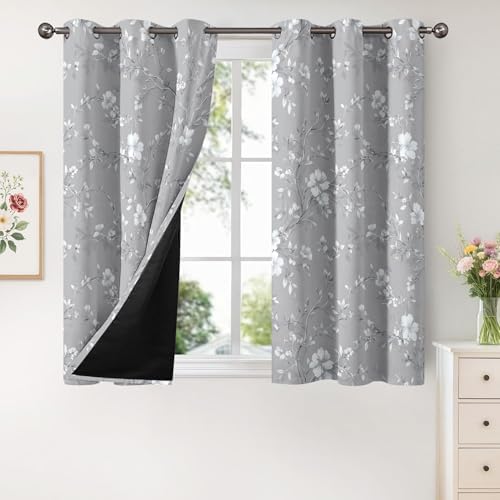 Grey Floral Blackout Curtains for Bedroom, 96 Inch 2 Panels, Flower
