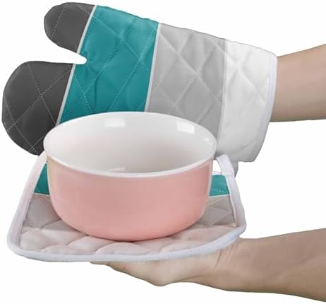 Oven Mitts and Pot Holder Set for Kitchen, Dark Cyan Gray White Simple