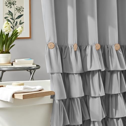 BTTN Grey Ruffle Farmhouse Shabby Chic Fabric Shower Curtain, 72x72