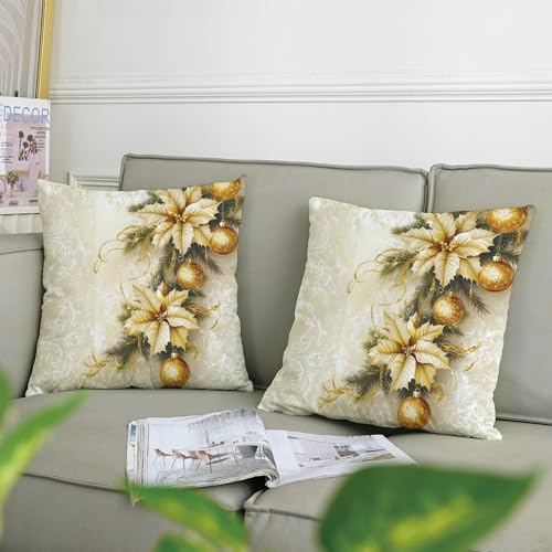 Christmas Pillow Covers Set of 2, Gold and Cream Holiday Floral Throw