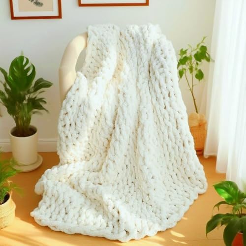 Handmade Chunky Knit Blanket, Cosy Chenille Throw (Cream, Throw