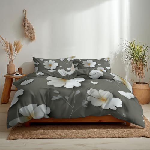 Duvet Cover Set Zipper Closure Gray Queen Quilt Cover Set 3D Floral