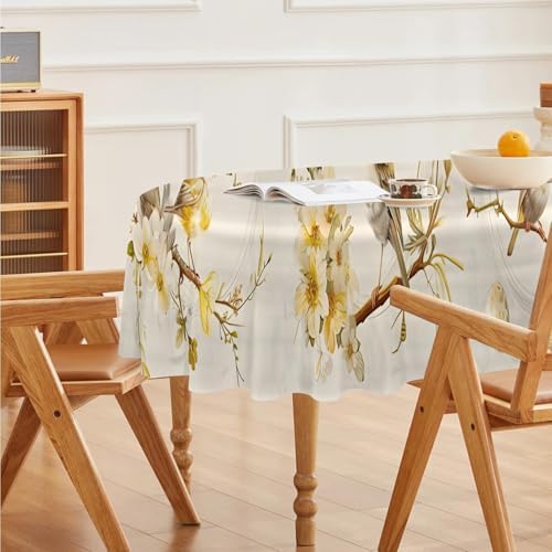 Flower and Bird Print Oval Table Cloth, Waterproof Duty Vinyl Plaid