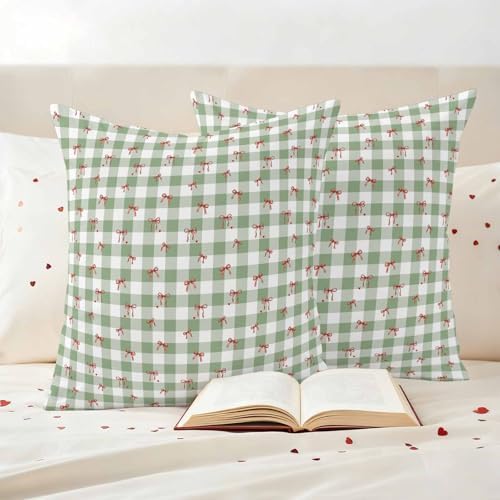 Outdoor Pillow Covers 18x18 Set of 2, Sage Green Plaid Waterproof