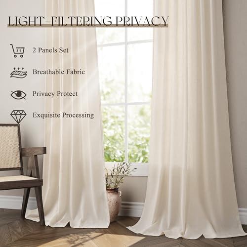 Jowels Cream Linen Curtains 63 Inch Long 2 Panels for Living Room