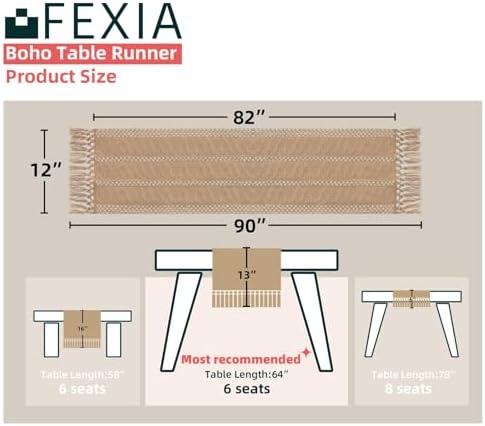 FEXIA Boho Table Runner Fall Burlap Brown Coffee Table Decor 12x90