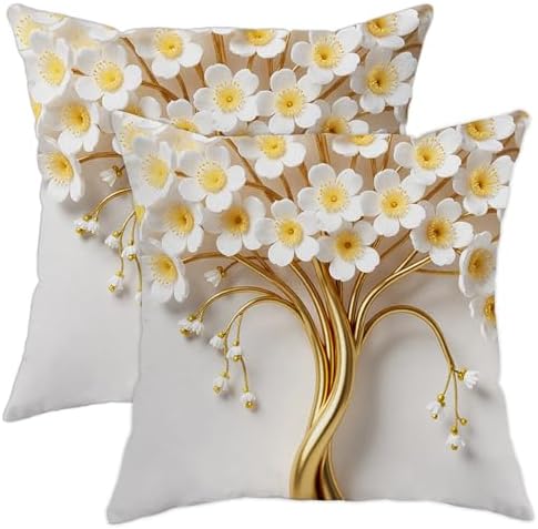 Flowers Throw Pillow Covers Set of 2, Elegant Modern Gold Branches