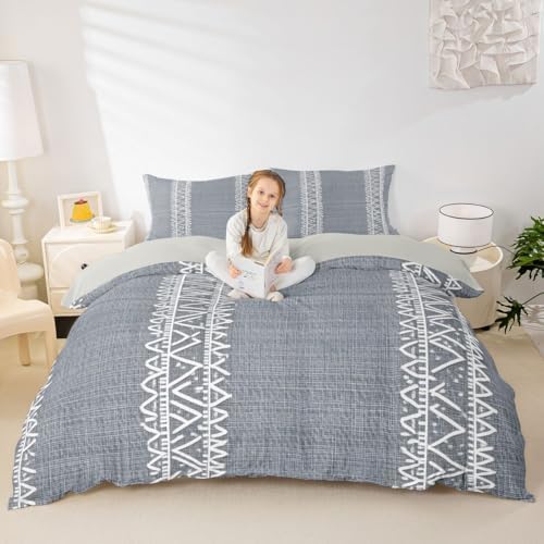3 Pieces Grey Duvet Cover Queen,Bohemian Triangle Bedding Set