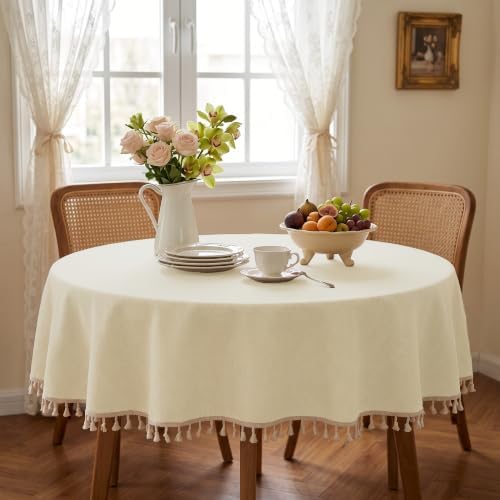 JIUZHEN Waterproof Linen Round Tablecloth with Beige Tassels