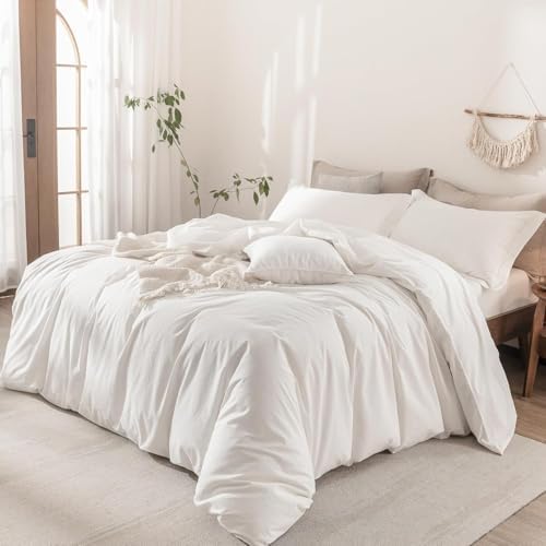 3Pcs Off White Solid Queen Duvet Cover Set Washed Cotton