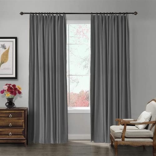 TWOPAGES 120W x 96L Pinch Pleat Room Darkening Velvet Curtain, Grey