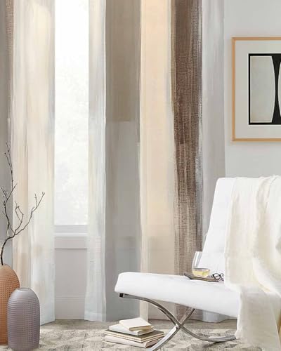 Brown Grey Sheer Curtains 63 Inch Length Grommet Semi Sheer Drapes for