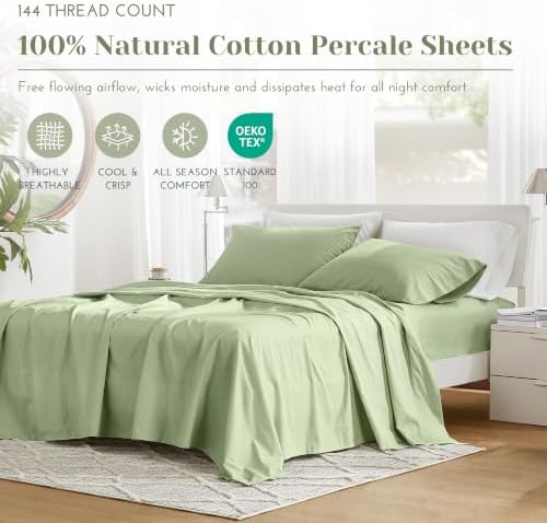 Comfort Spaces 100% Cotton Percale Sheets Queen Sheet Set 4 Pcs, Sage