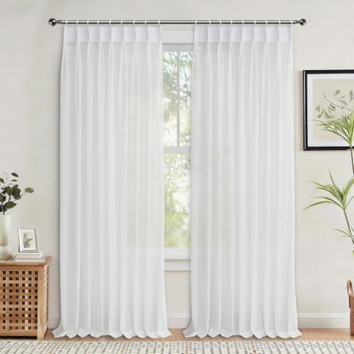 Triple Pleated Cream White Sheer Curtains Extra Long Tulle 96 Inches