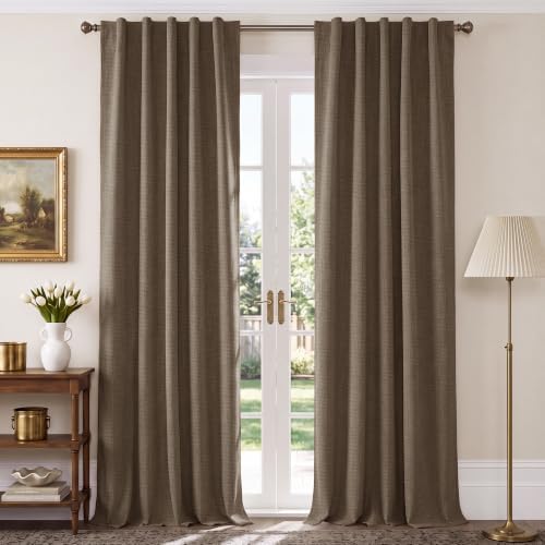 NICETOWN 100% Blackout Brown Curtains 96 Inch 2 Panels, Linen Blend