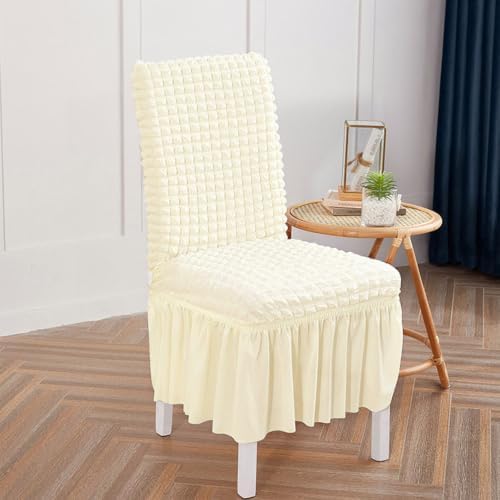 6 Pack Stretch Elastic Dining Chair Covers with Skirt, Washable, Ivory