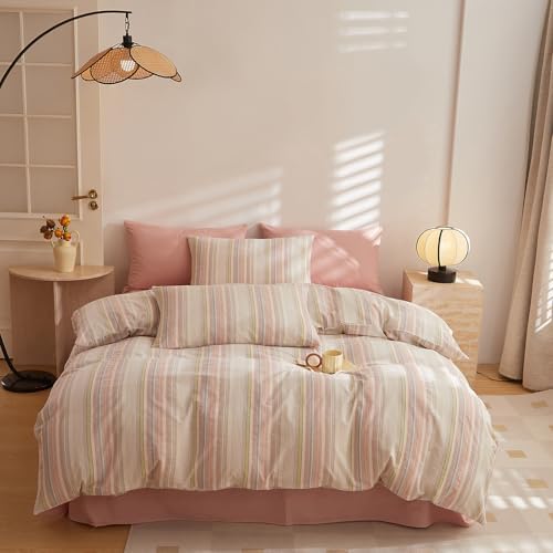 VClife Classic Stripe Duvet Cover King Size, 100% Washed Cotton Linen