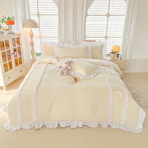 IHOUSTRIY Ruffle Duvet Cover Full Size, Cute Bedding Set Set with Bow