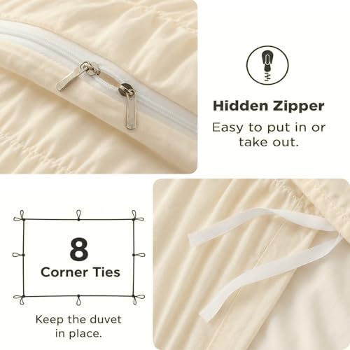 Bedbay 100% Cotton Ruched Duvet Cover Set King Size, Elegant Ivory