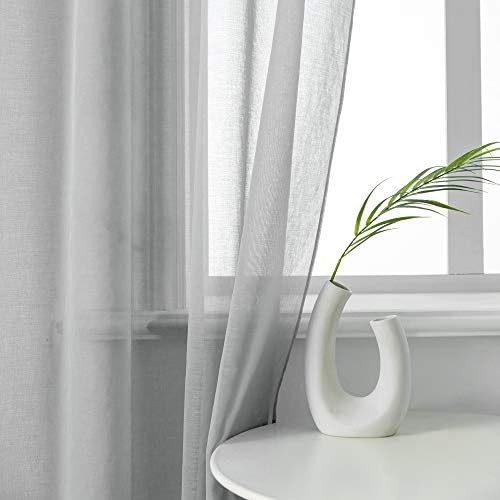 DUALIFE Grey Sheer Curtains 63 Inch Length,Faux Linen Semi Sheer