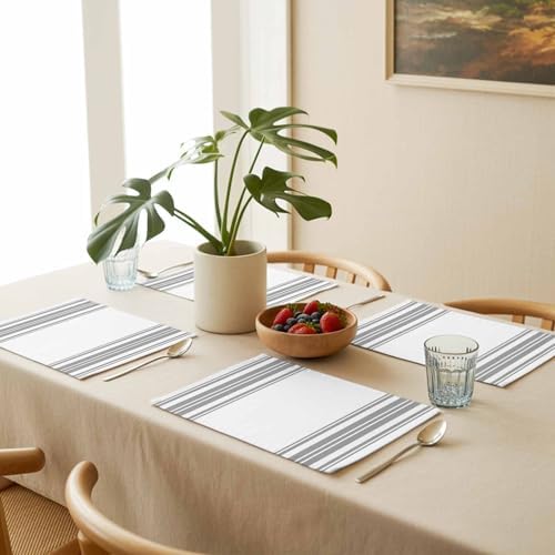 Placemats Set of 8, Grey Lines on White Washable Table Mats for Dining
