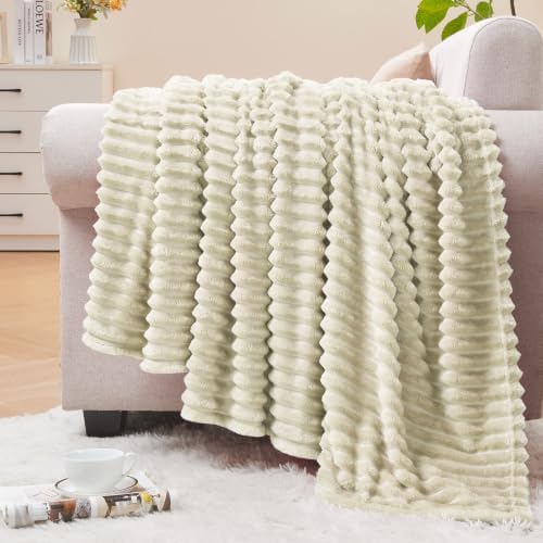 BEDELITE Ribbed Jacquard Beige Fleece Throw Blanket for Couch, 50x70