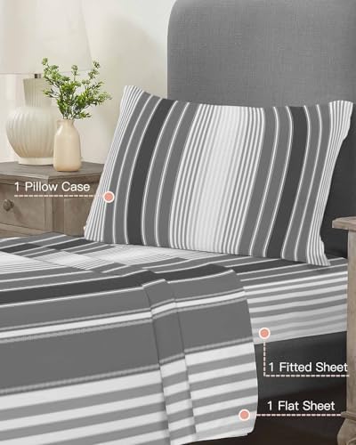 Gray Vertical Stripes Twin XL Bed Sheets,Breathable Cooling Sheets