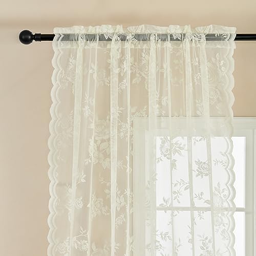 Ivory Lace Sheer Curtains 96 Inches Long 2 Panels Victorian Floral for