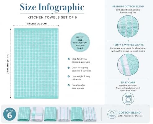 HOMEFRONT Aqua Green & White Kitchen Towels Set of 6, Cotton Blend