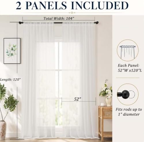 Chyhomenyc Extra Long Ivory Sheer Curtains 120 inch Long, 2 Panels