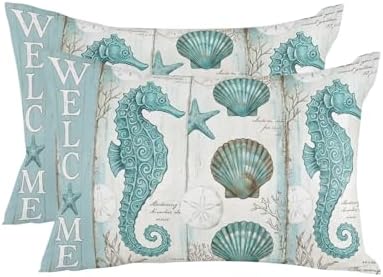 Outdoor Pillow Covers with Inserts,Teal Seahorse Waterproof Decorative