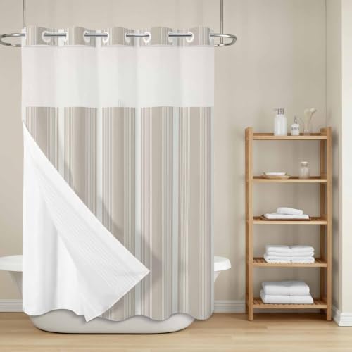 No Hook Gray Brown Striped Shower Curtain with Snap in Liner Set