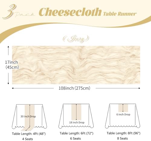 3 Pack Ivory Cheesecloth Table Runner, 17 x 108 inch, Semi Sheer Boho