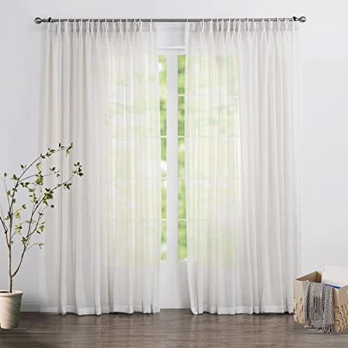 Sheer Curtains 108 inches Long, Faux Linen Pinch Pleated Window Sheer
