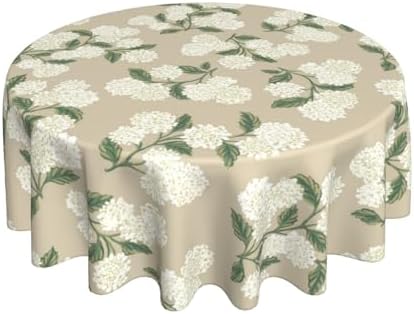 Beige Floral Round Tablecloth 70 Inch Khaki Green Hydrangea Flower