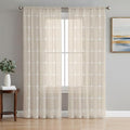 Minimalist Sheer Curtains 108 Inch Long 2 Panels Grid Lines Linen