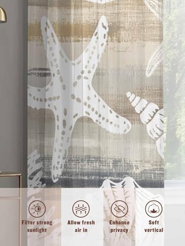 Beige Grey Coastal Semi Sheer Curtains 108 inch length 2 panels set