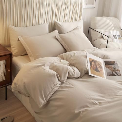 AZMTOP Soft Breathable Beige Duvet Cover Set 3 Pieces Queen Size
