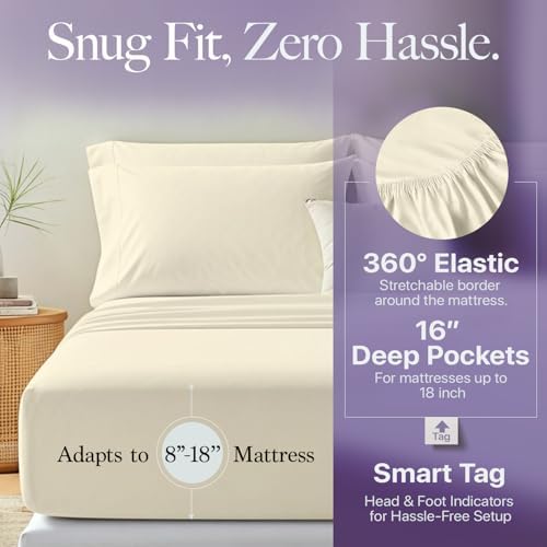 Carressa Linen 600 Series Full Size Sheets Set, 16" Deep Pocket, Ivory