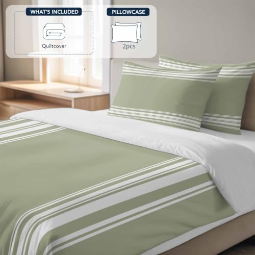 3 Pieces Cal King Bedding Duvet Covers Set White Sage Green Vertical