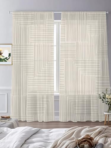 Modern Art Sheer Curtains 108 Inches Long, Minimalist Beige Clean