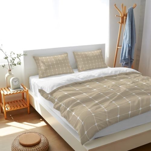 Taupe Gingham Duvet Cover Full Size, Modern Minimalist Geometric Plaid