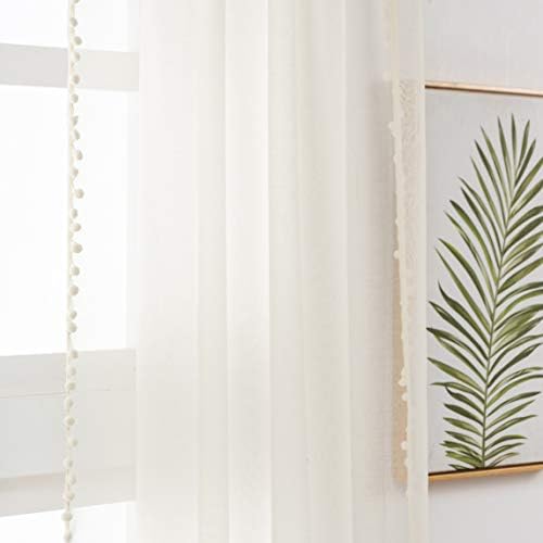 MISS SELECTEX Linen Look Pom Pom Tasseled Sheer Curtains - Rod Pocket