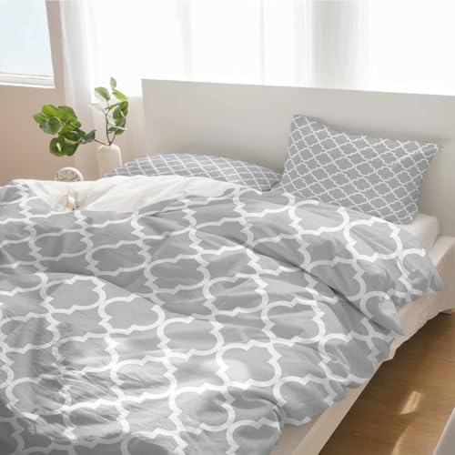Duvet Cover Set Full, Country Light Grey Geometric 3 Piece Bedding Set