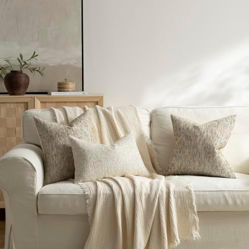 Pack of 2 Neutral Throw Pillow Covers 22x22 Boho Textured Dots Stripe